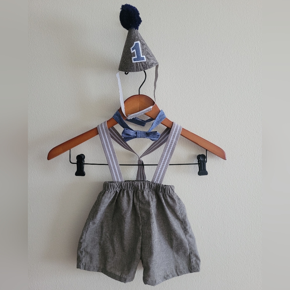 Baby boy #1! First birthday pull on shorts with suspenders, party hat & bowtie